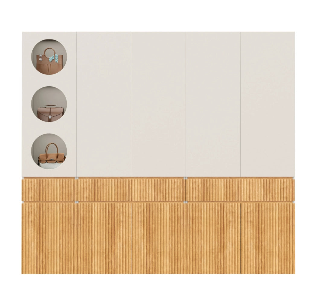 Armadio con ante battenti, 225x50x200 cm, 10 ante, 2 aste appendiabiti, 3 cassetti, effetto rovere chiaro, per camera e ufficio