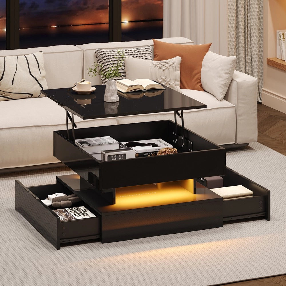 Tavolino da Salotto con LED e 2 Cassetti ¨C MINIMAL ¨C Nero Lucido 65x65x38.5