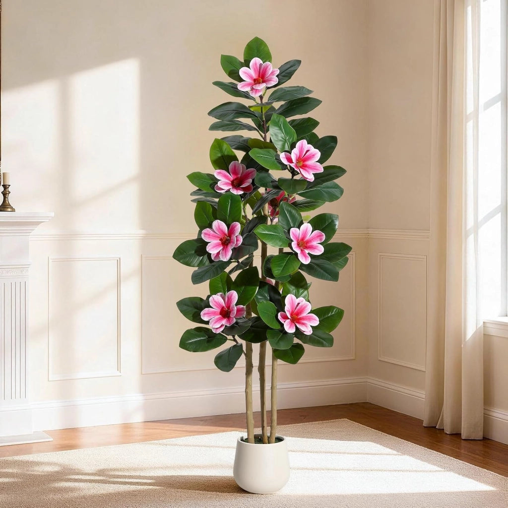 Ficus Artificiale 152 cm Pianta Finta da Interno con Dettagli Floreali e Vaso