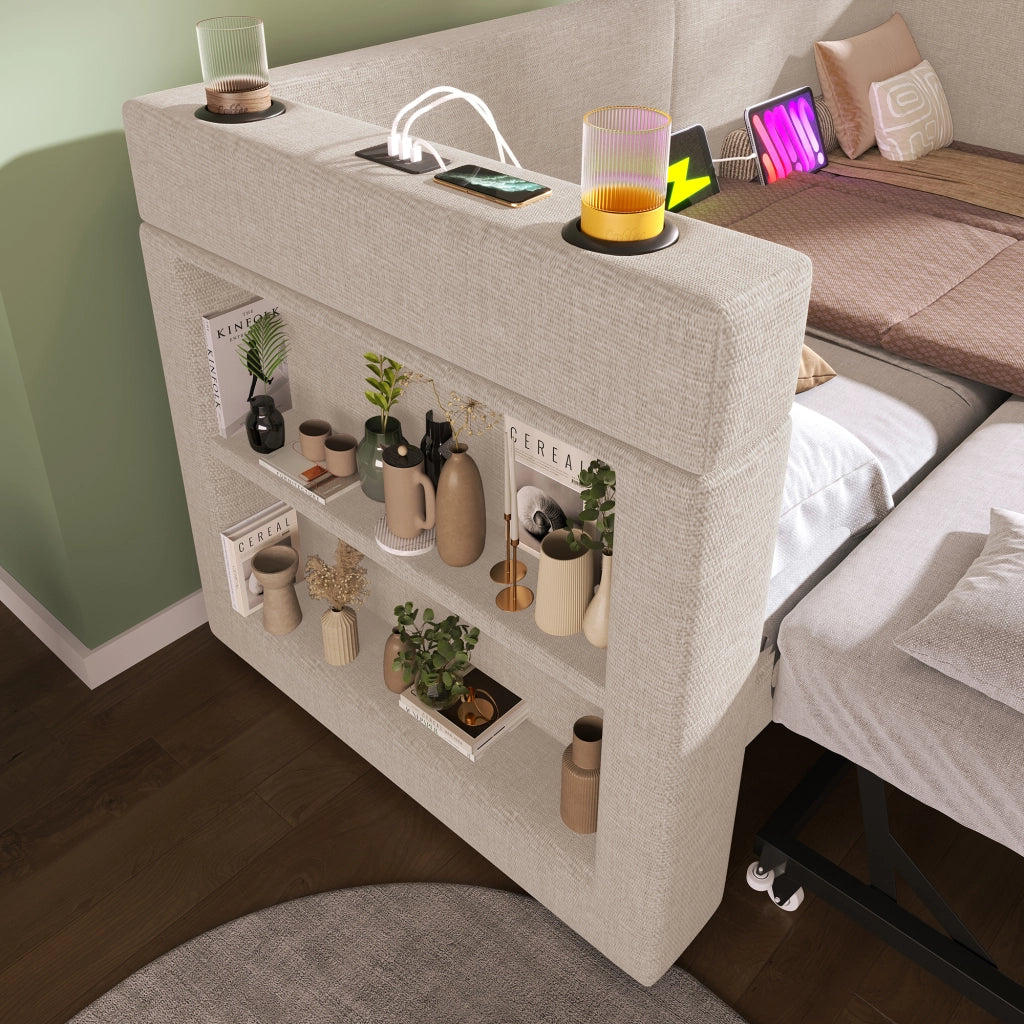 Daybed Imbottito 90x200 cm con Letto Estraibile; USB/Type-C e Portabicchieri; Tessuto Lino-Cotone Beige