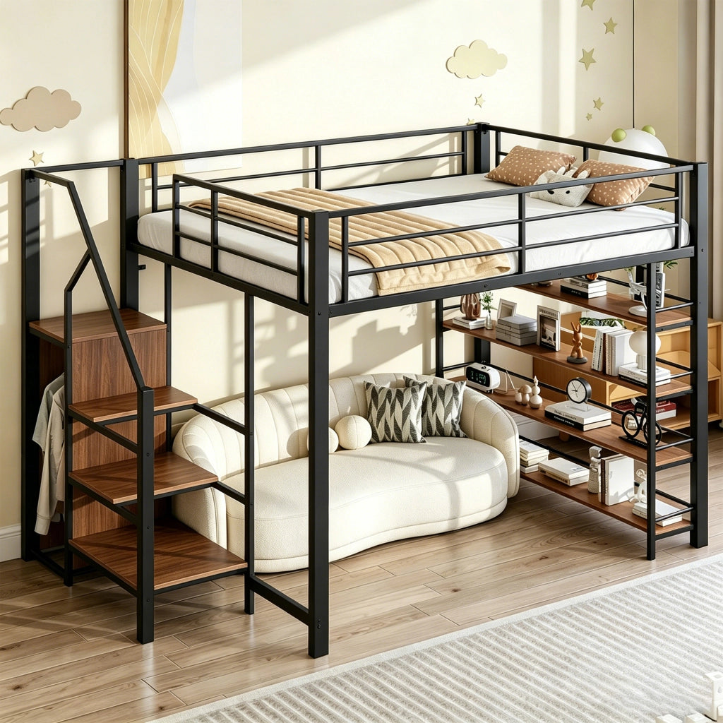 Letto a soppalco 140 × 200 cm con scala contenitore armadio e ripiani in metallo nero