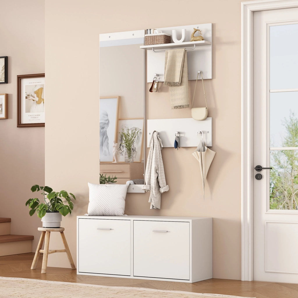 Set mobili ingresso 4 pezzi bianco con scarpiera; specchio e appendiabiti da parete