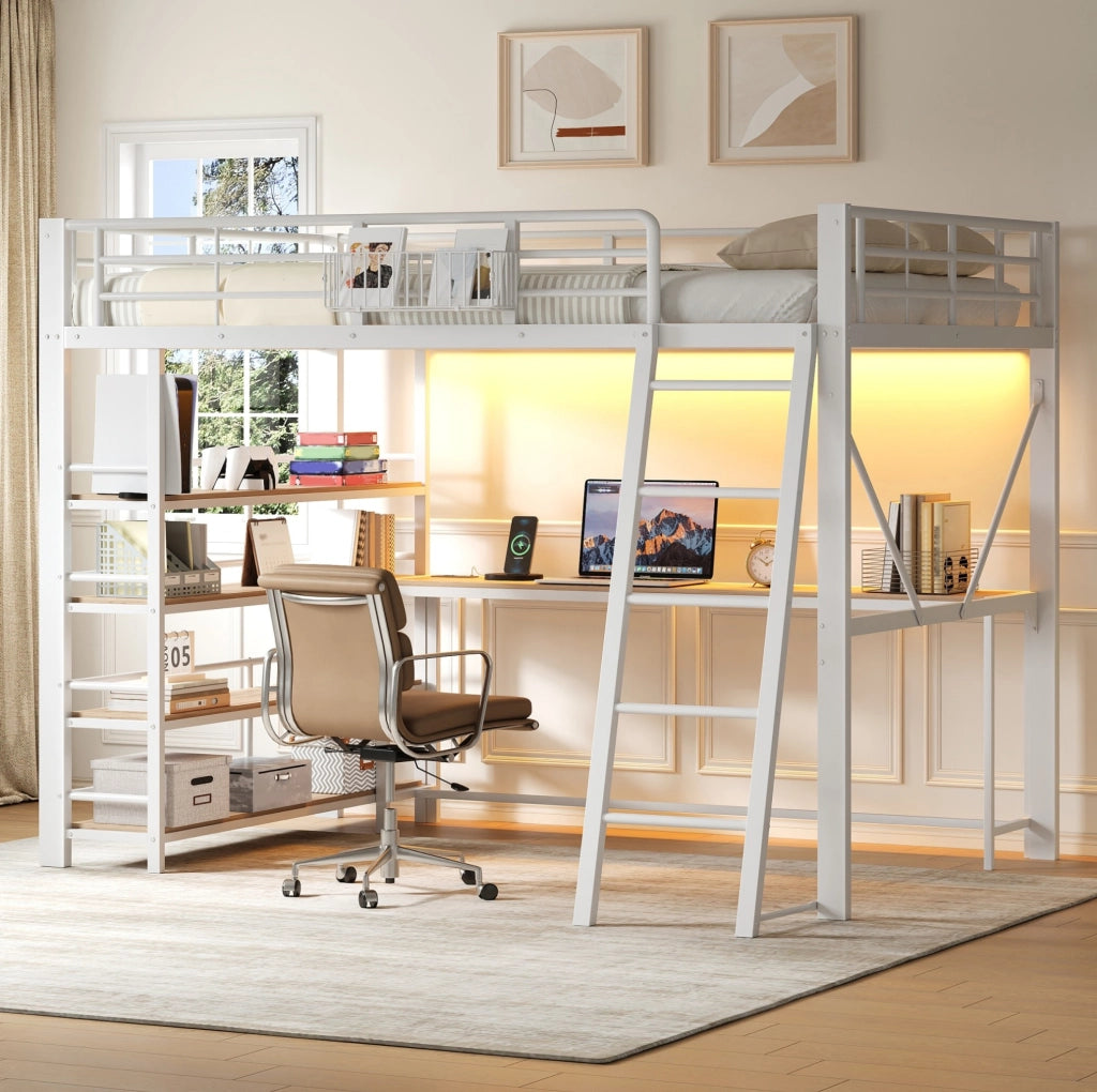 Letto a soppalco 140x200 cm con scrivania, LED e USB