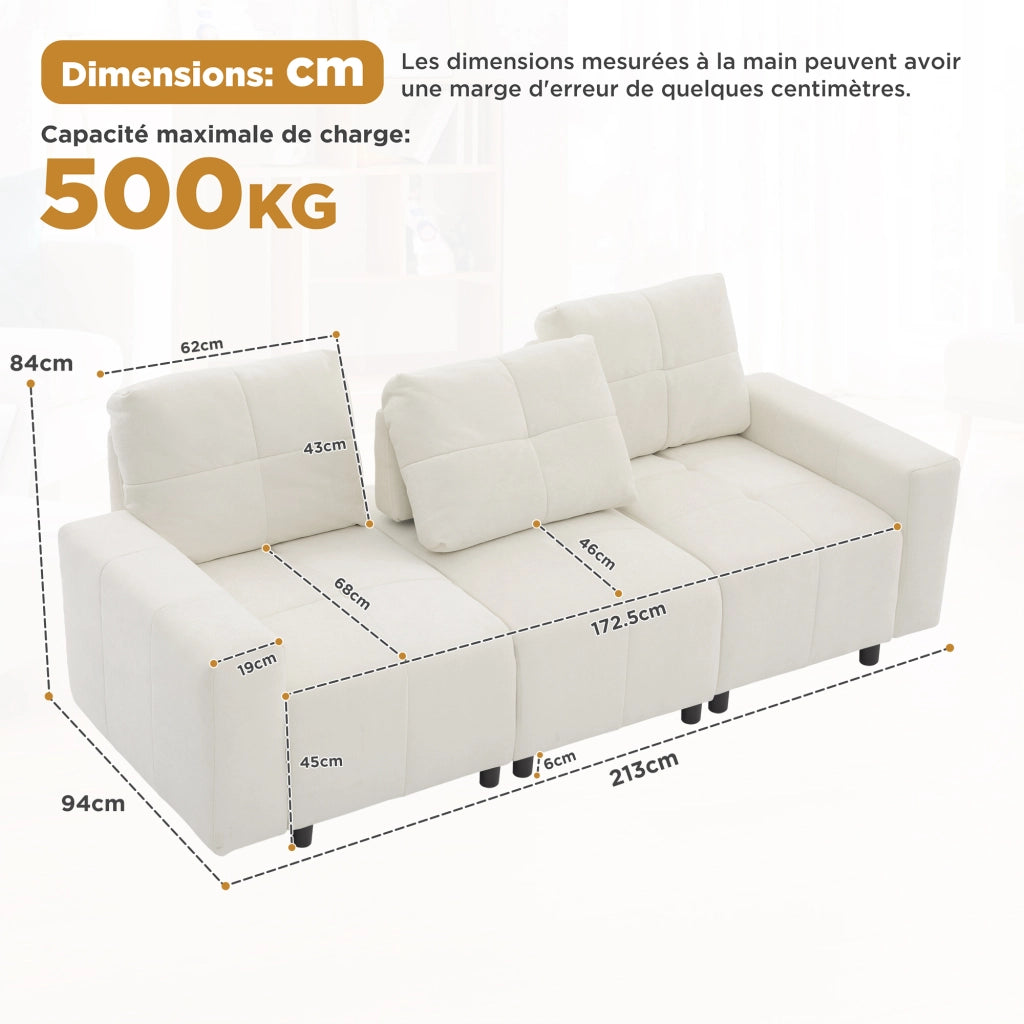 Divano modulare 3 posti con funzione letto e profondità regolabile in chenille beige