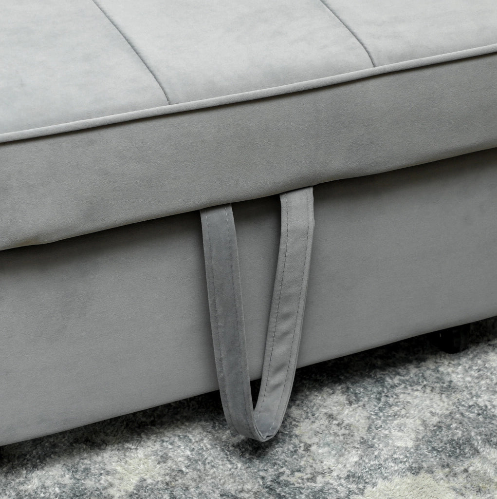 Divano Letto 2 Posti con Funzione Relax, Rivestimento in Velluto Grigio, Schienale Regolabile e Contenitore, Lavorazione con Ruote per Soggiorno o Camera Ospiti