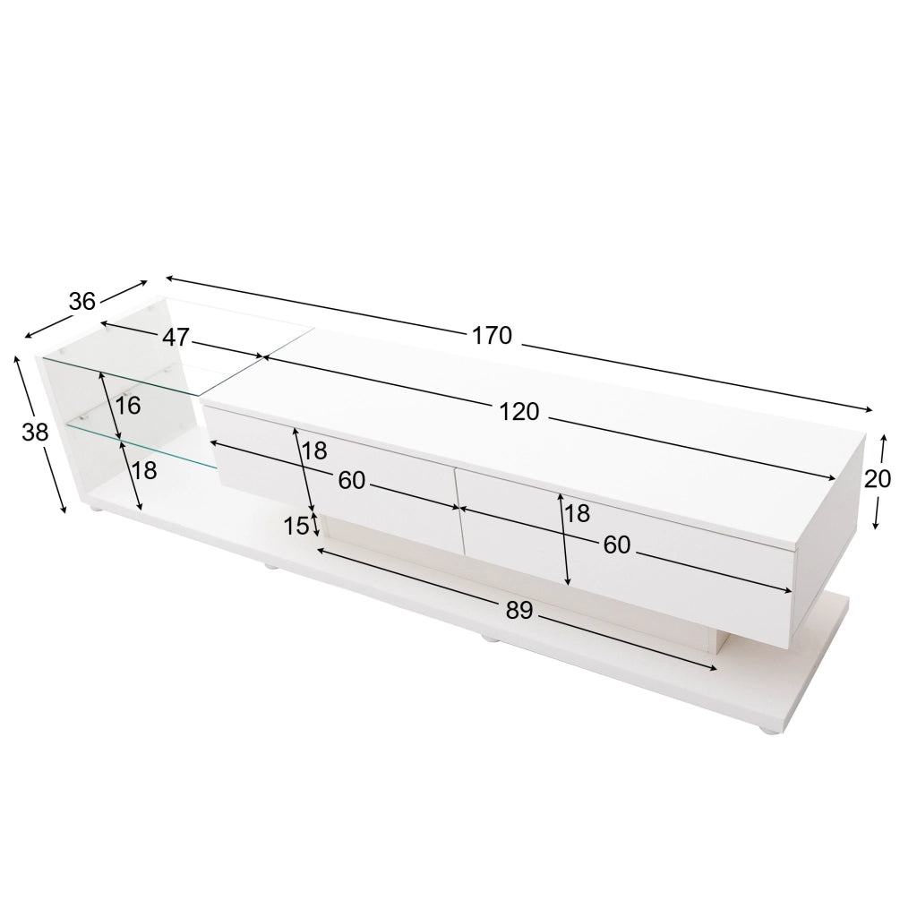 Mobile TV bianco lucido con LED regolabili e ampio spazio contenitivo, 170x38x36 cm
