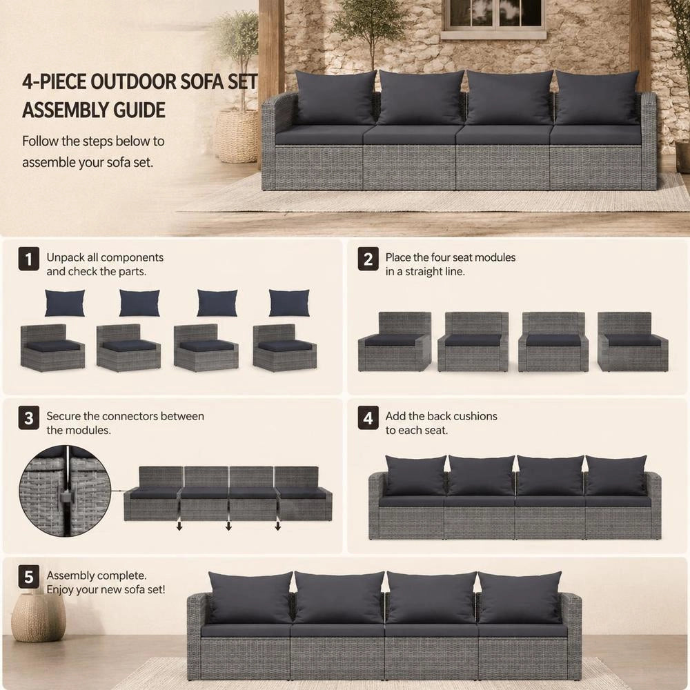 4-piece Garden Sofa Set With Cushions, Grey Poly Rattan