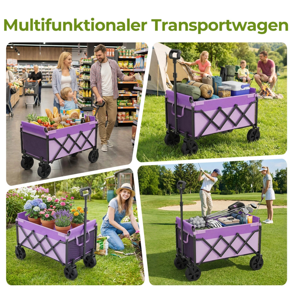 Carrello pieghevole compatto viola con capacità di 100 litri