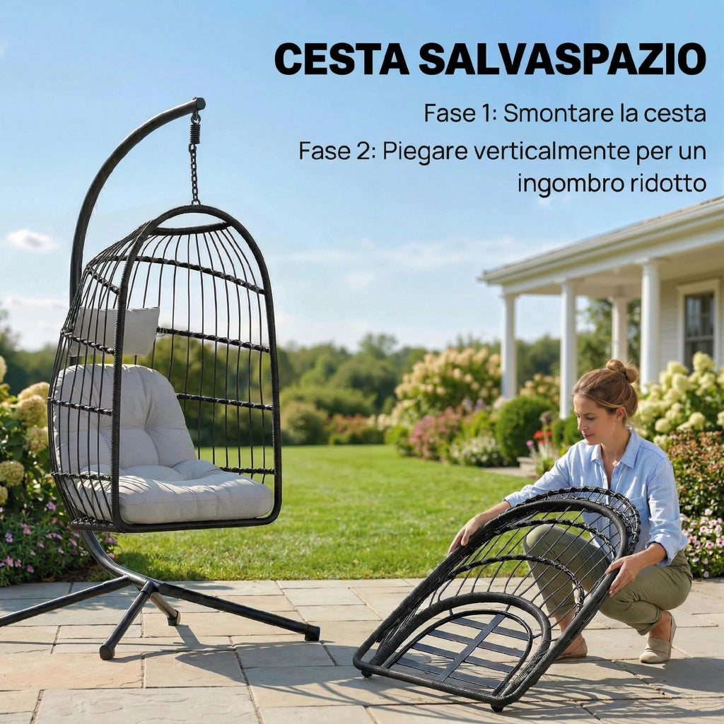 Sedia a Uovo Sospesa 105x101x196 cm con Supporto e Cinghia di Sicurezza in Metallo e Rattan PE Nero e Grigio Chiaro