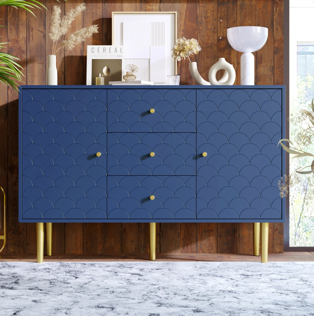 Credenza 120 x 40 x 83 cm in truciolare e metallo blu navy, 2 ante, 3 cassetti