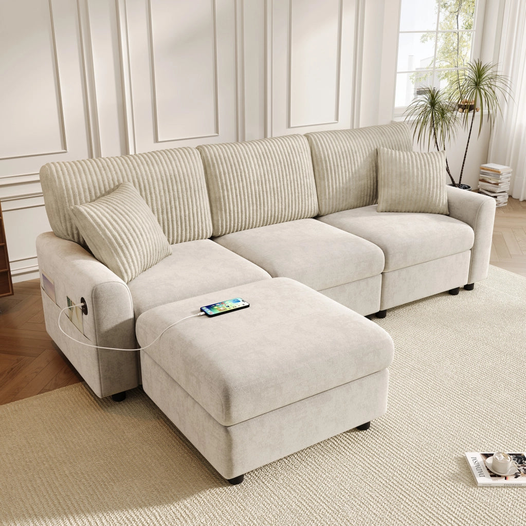 Sofa moderno con poggiapiedi; 2 cuscini; USB e Type-C; 223x146x84 cm; beige
