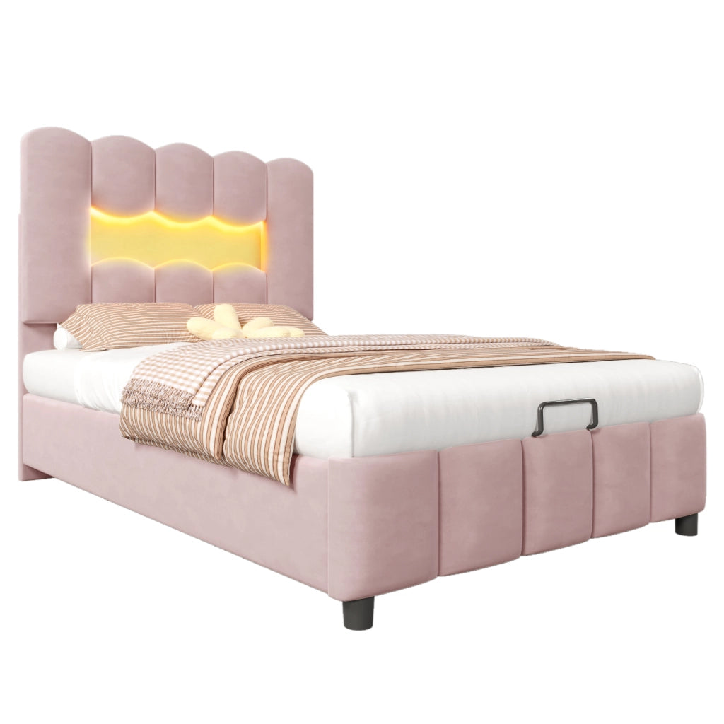 Letto Singolo Imbottito 90x200 cm in Velluto con Contenitore Idraulico; LED; Testiera; Rosa