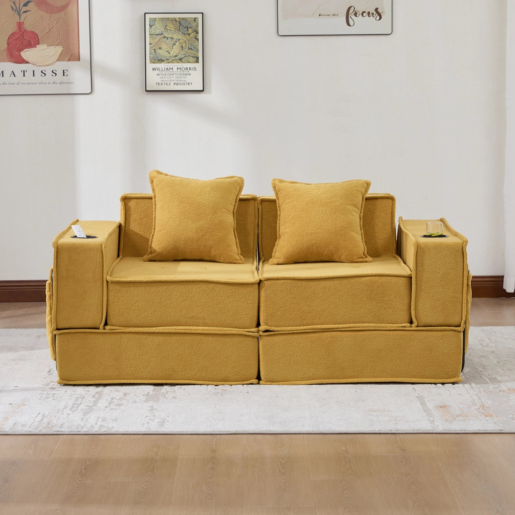 Divano letto 2 sedili convertibili con letto matrimoniale; pouf con portaoggetti e porta tazze; cuscini 2; velluto a coste; Giallo