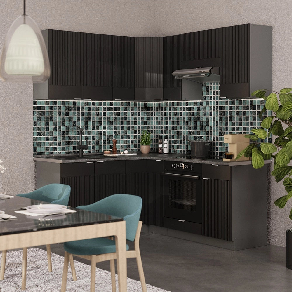 Cucina angolare completa Fame-Line Nero rigato/Antracite 190 x 160 cm, PL Marmo Vicco