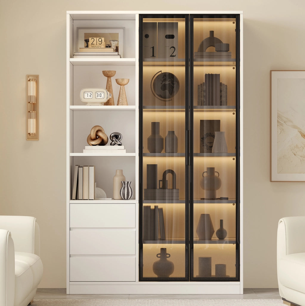 Vetrina 100x35x160 cm bianca in MDF e truciolare con LED e cassetti