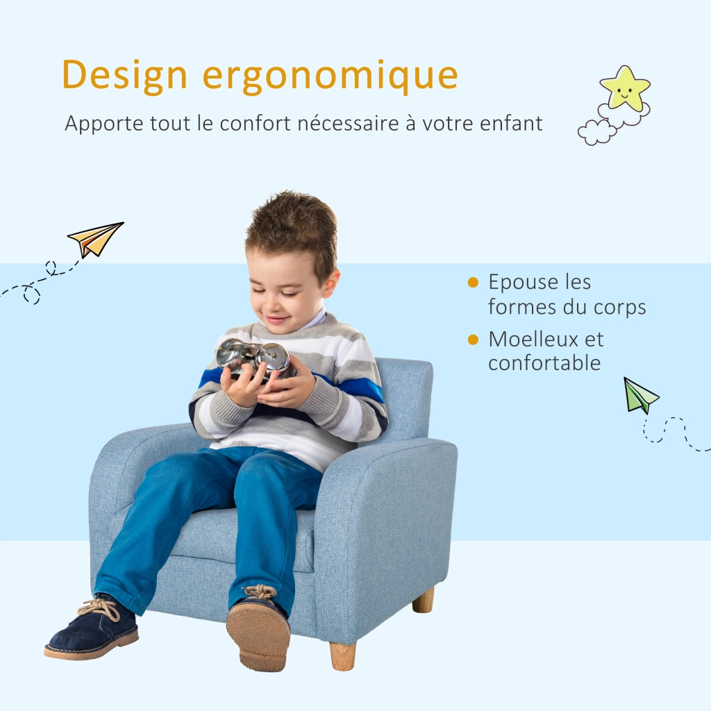 Poltroncina per Bambini Design Scandinavo in Tessuto di Lino e Legno con Braccioli Imbottiti e Seduta Comoda Blu