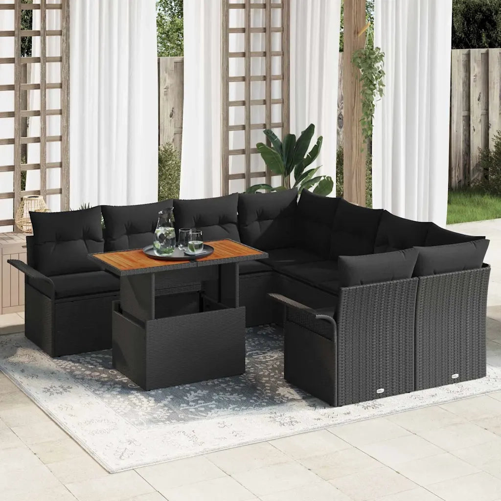 Set Divano da Giardino con archiviazione 9 pcs Nero Poly Rattan