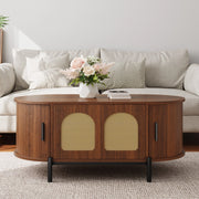 Tavolino da salotto ovale 100x50 cm con ante scorrevoli in rattan color noce HOMVRA