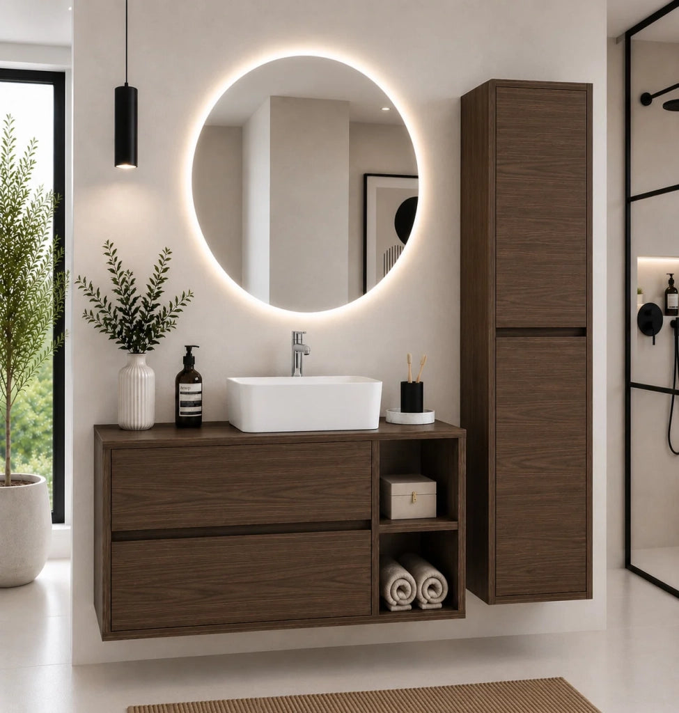 Mobile bagno con top in legno e lavabo da appoggio ORIGENBATH ZEUS senza specchio 80x45 cm Destra frassino tea con colonna