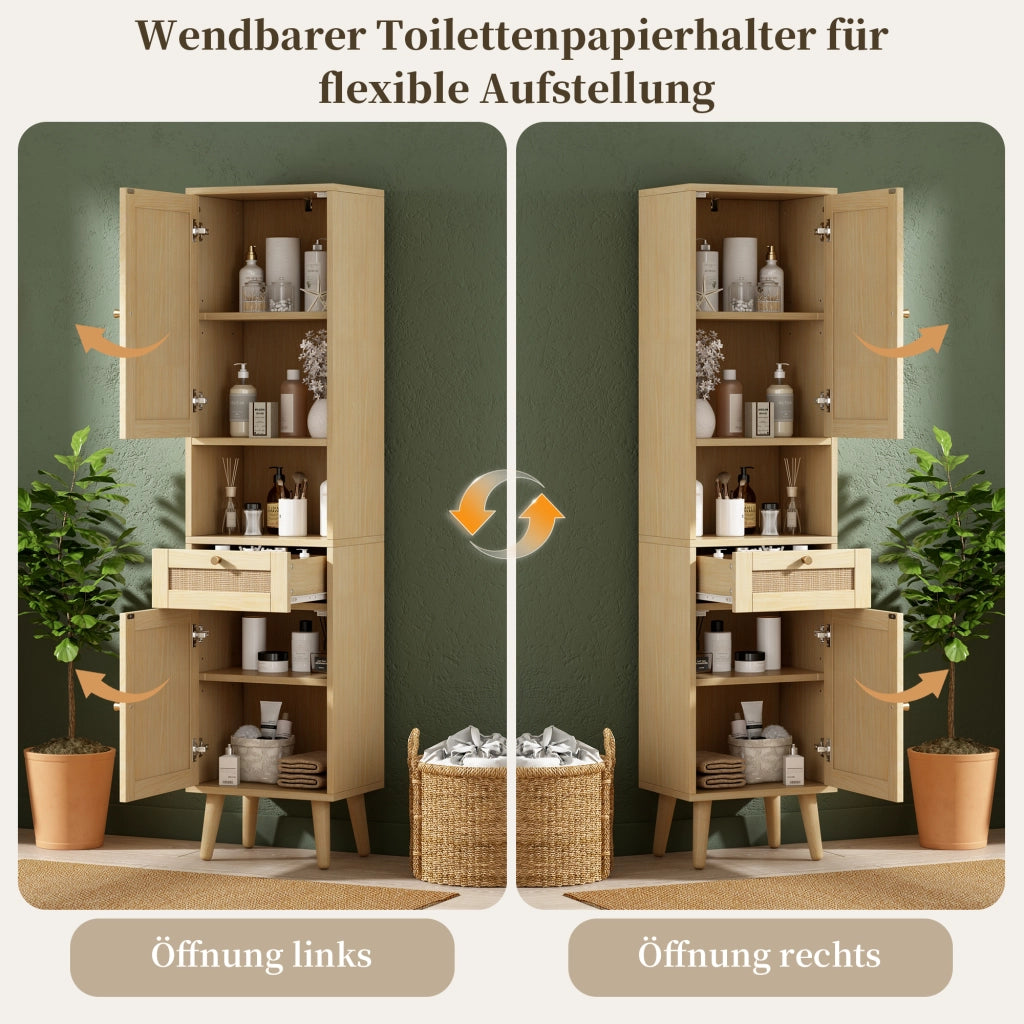 Colonna da bagno autoportante con ante reversibili in rattan; cassetto e ripiani aperti color legno naturale 40 × 30 × 166 cm