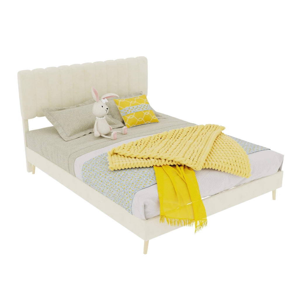 Letto imbottito moderno 140x200 cm con testiera morbida beige, struttura in legno senza contenitore, materasso incluso