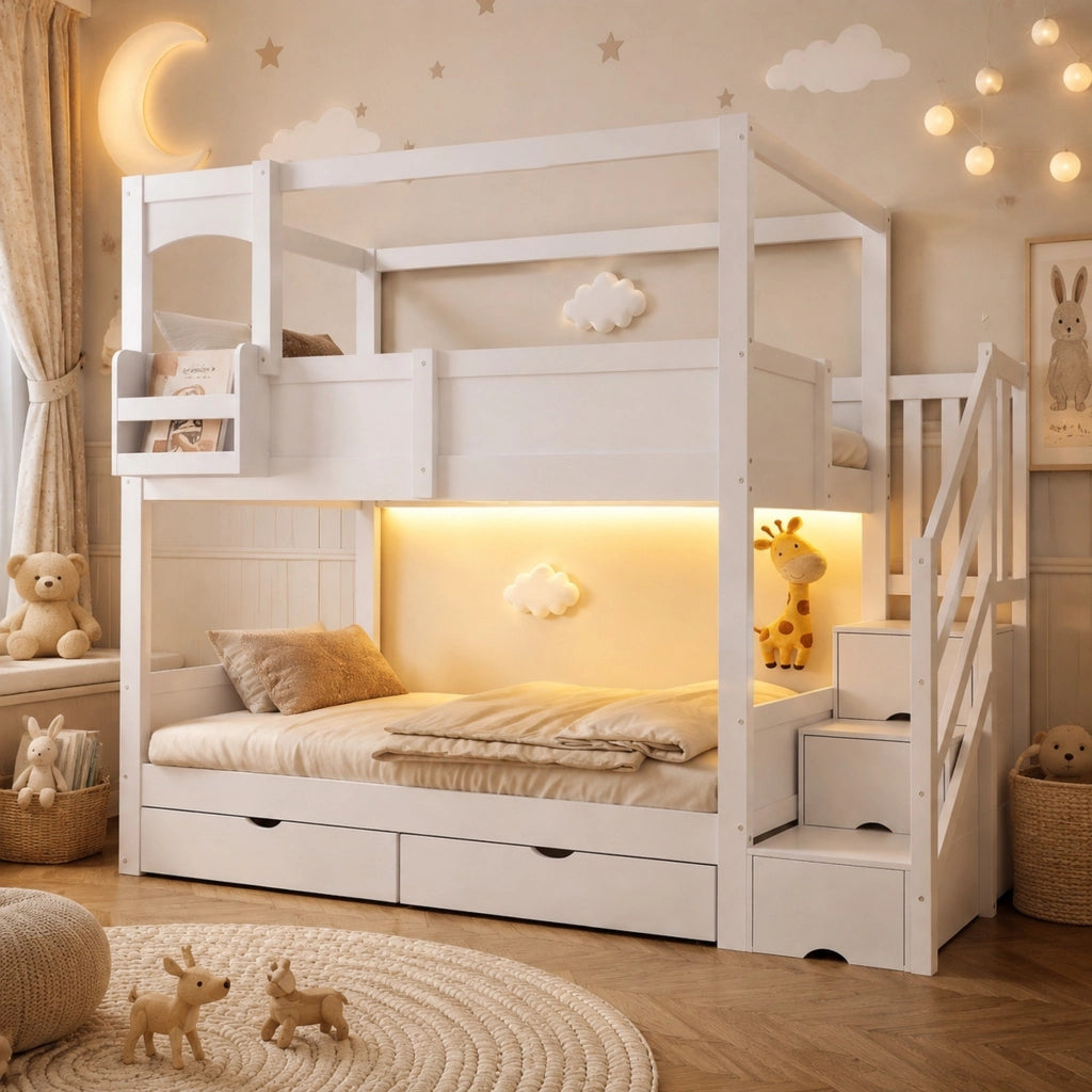 Letto a castello per bambini 90x200 cm in legno con scala contenitore; cassetti e lavagna bianco HOMVRA