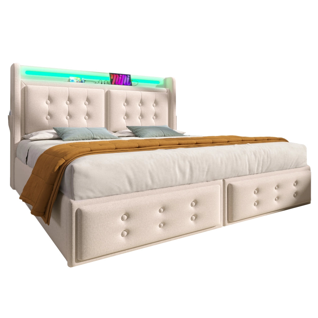 Letto Imbottito Contenitore 140x200 con Testiera LED e USB ¨C MINIMAL ¨C Beige, Cotone, Doghe in Legno