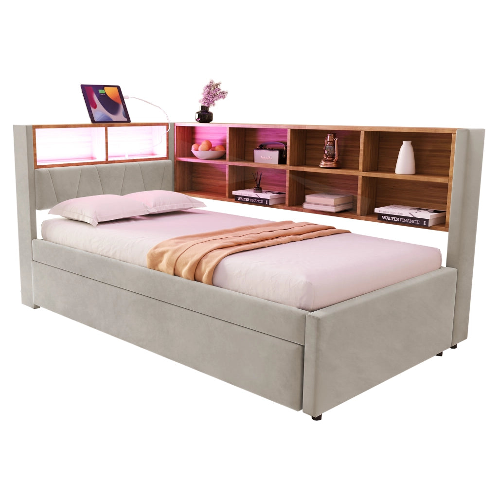 Letto con letto estraibile 90 × 200 cm con LED USB Type-C presa e vani portaoggetti in flanella grigio chiaro
