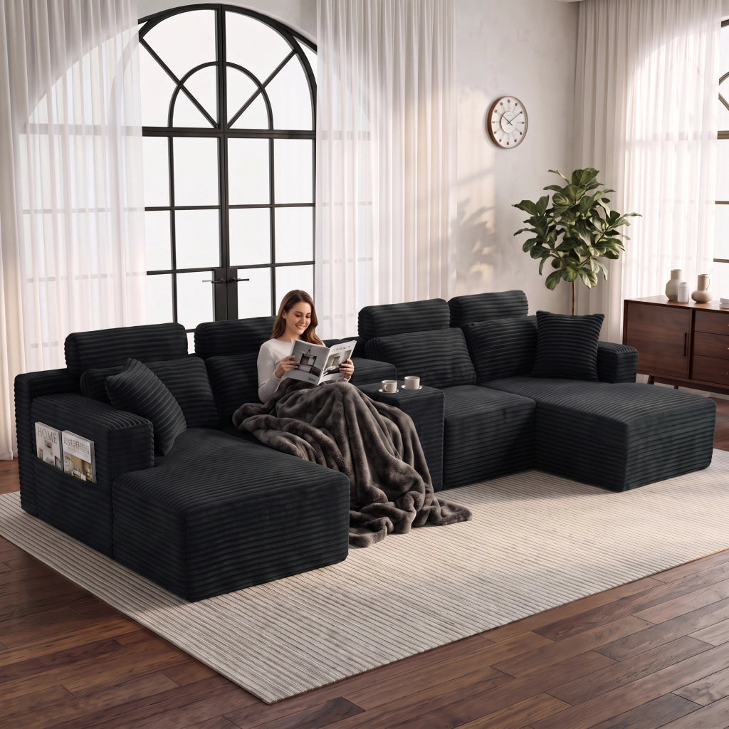Divano Angolare Modulare a U 372 cm Cloud Sofa con Portabicchieri Integrati; Nero