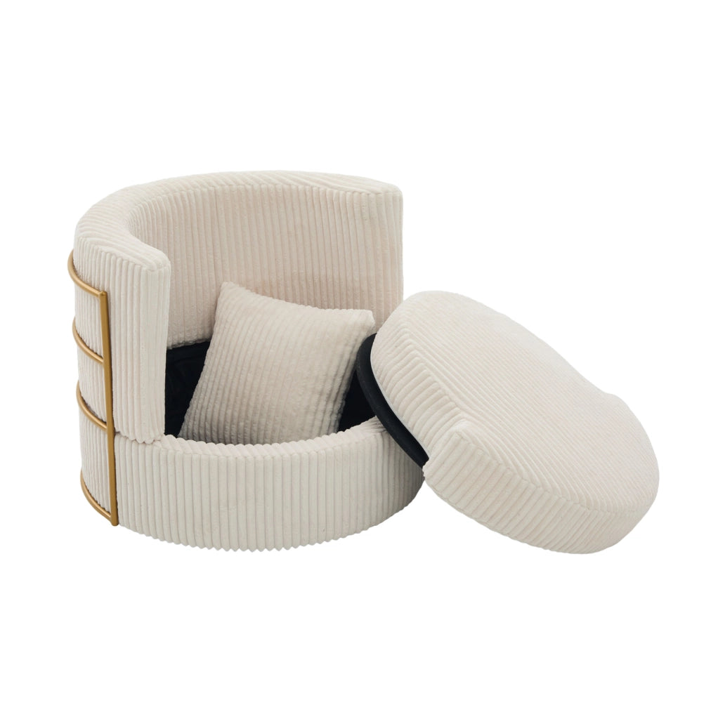 Poltrona girevole beige in velluto a coste con contenitore