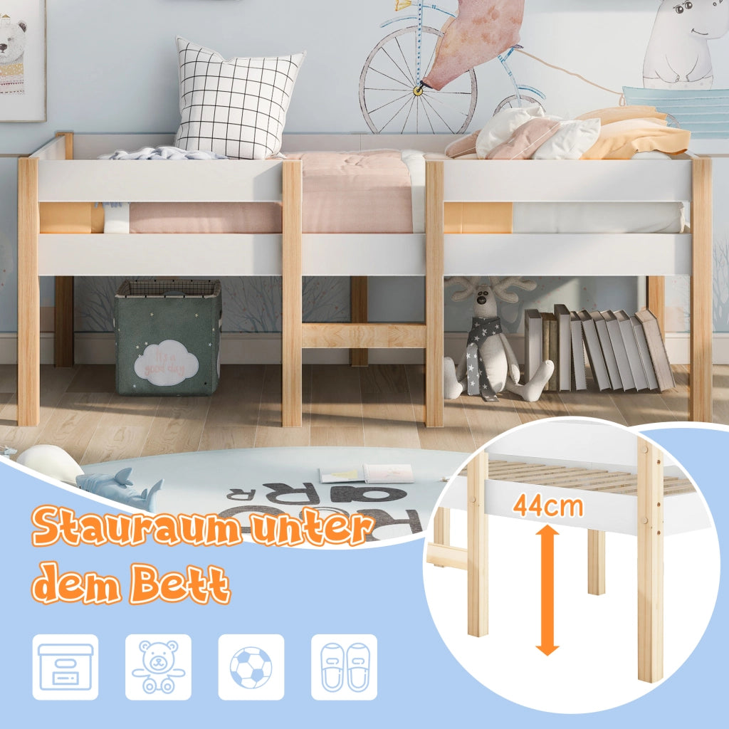 Letto a soppalco 90 × 200 cm con due cassetti e barriera di protezione in legno bianco