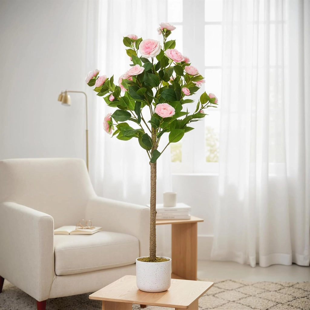 Set 2 Alberi di Camelia Artificiale 120 cm Fioriti con Vaso per Casa e Giardino