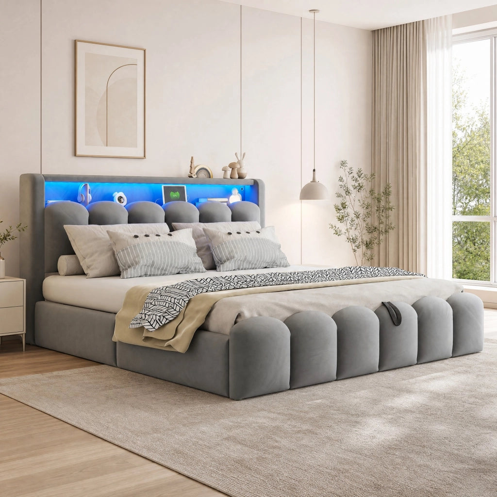 Letto matrimoniale imbottito 180x200 cm in velluto grigio con contenitore; LED e USB/Type-C