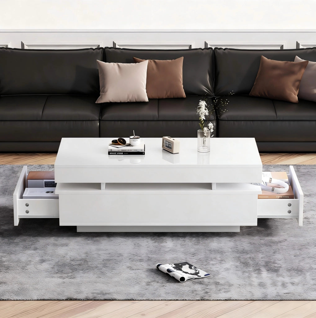 Tavolino da salotto LED 100x50x35 cm con 2 cassetti bianco lucido HOMVRA