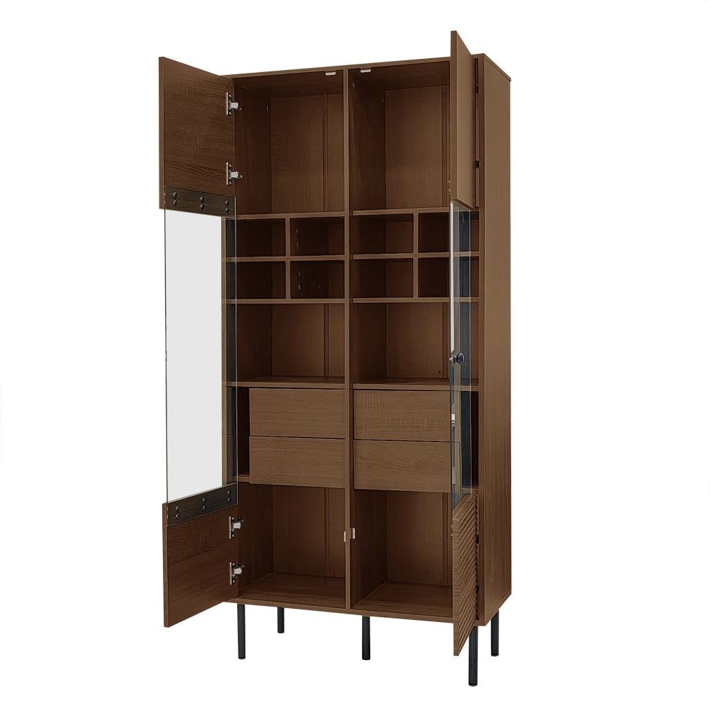 Mobiletto Multiuso Effetto Noce 75;5x35x164;5 cm Vetrina con Ante in Vetro e Cassetti