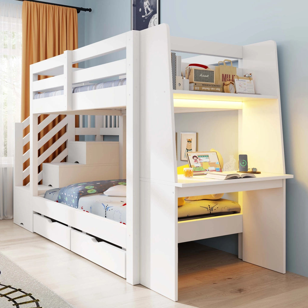 Letto a soppalco per bambini 90x200 cm in legno; con scrivania; LED e cassetti; bianco