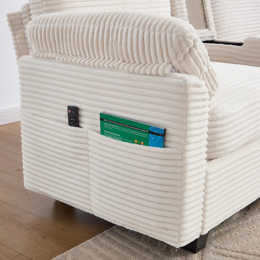 Divano beige in velluto a coste con console scorrevole; USB-C e pouf contenitore – 266 × 136 × 82 cm