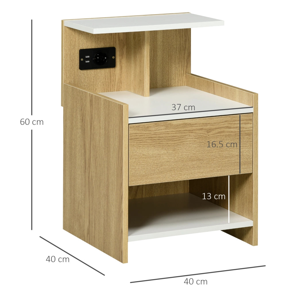 Comodino moderno con 2 prese USB e cassetto ¨C zephmum ¨C 40x40x60cm, colore legno