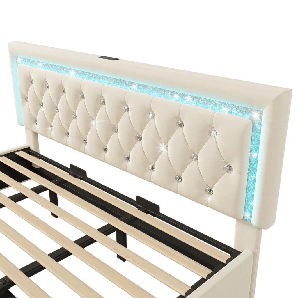Letto matrimoniale 180×200 cm 2 posti con contenitore idraulico; LED regolabile; USB e USB-C; senza materasso; beige