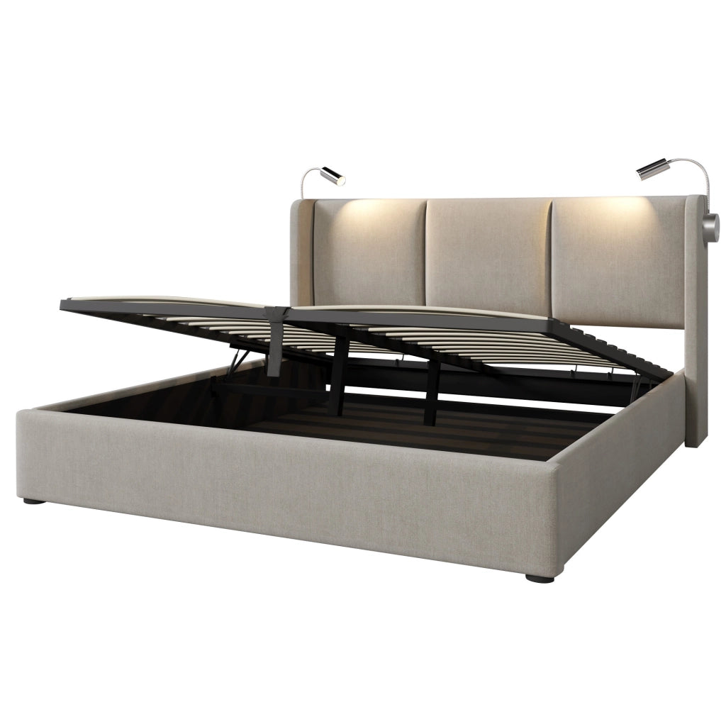 Letto contenitore 180x200 cm in lino beige con lampada da lettura e USB