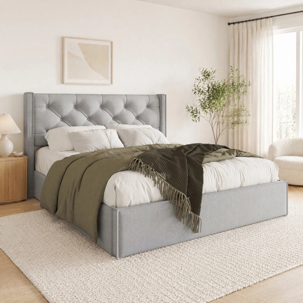 Letto contenitore 140 × 200 cm con testiera imbottita e rete sollevabile in legno metallo grigio chiaro