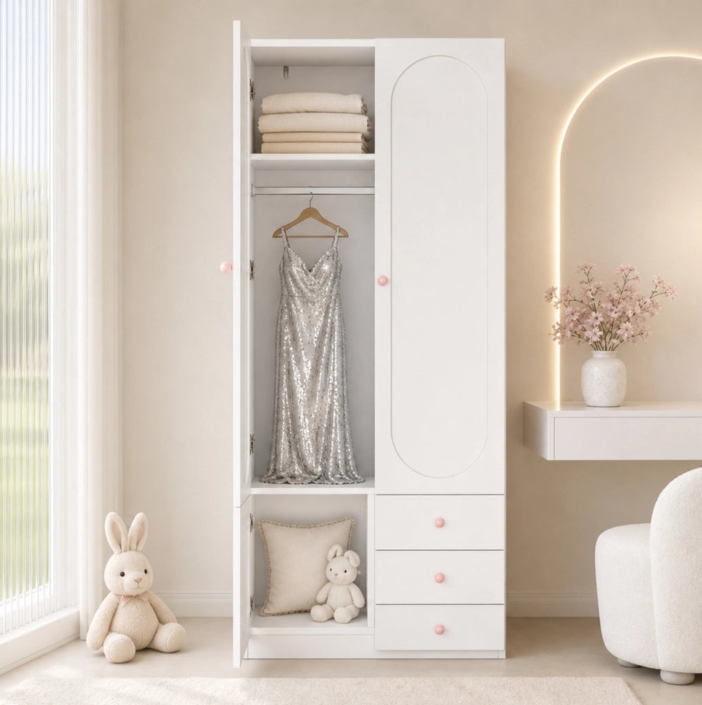 Armadio per bambini bianco con 2 porte, 3 cassetti, pomelli in ceramica rosa, 80×50×200 cm