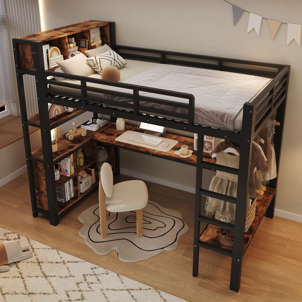 Letto a soppalco per bambini 90x200 cm con scrivania; appendiabiti; ripiani e vani; metallo e MDF nero