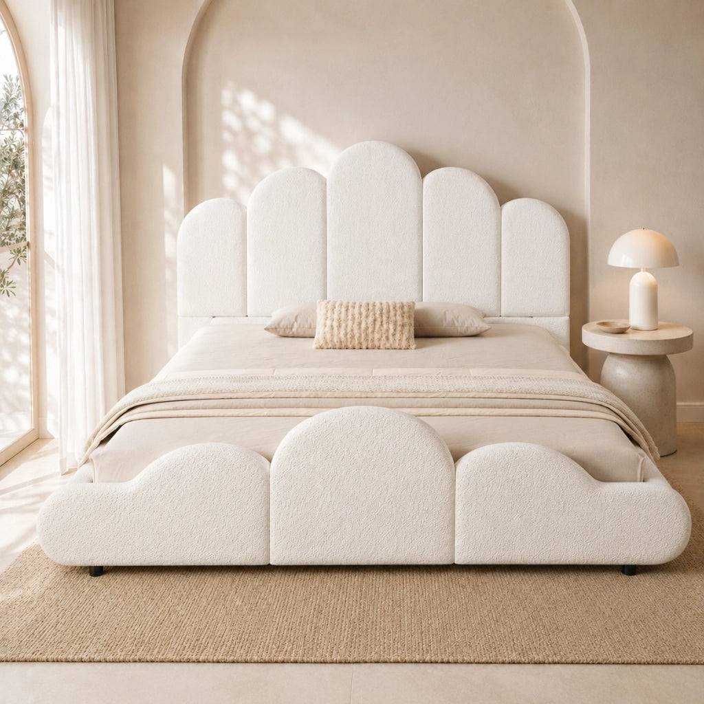 Letto imbottito per bambini in boucl¨¦ 140 x 200 cm, letto matrimoniale con testiera trapuntata, angoli arrotondati e rete a doghe, beige