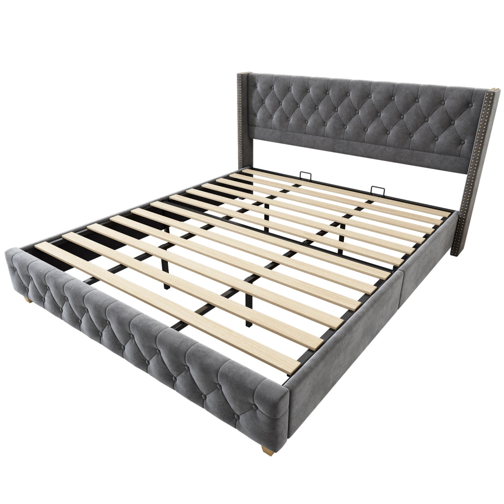 Letto imbottito 180 × 200 cm con rete a doghe testiera capitonné in velluto grigio gambe in legno