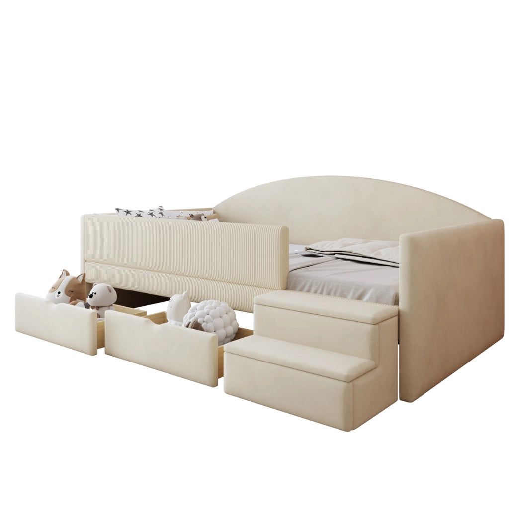 Letto imbottito multifunzionale 90x190 cm con due cassetti e protezioni, tessuto vellutato beige, senza materasso