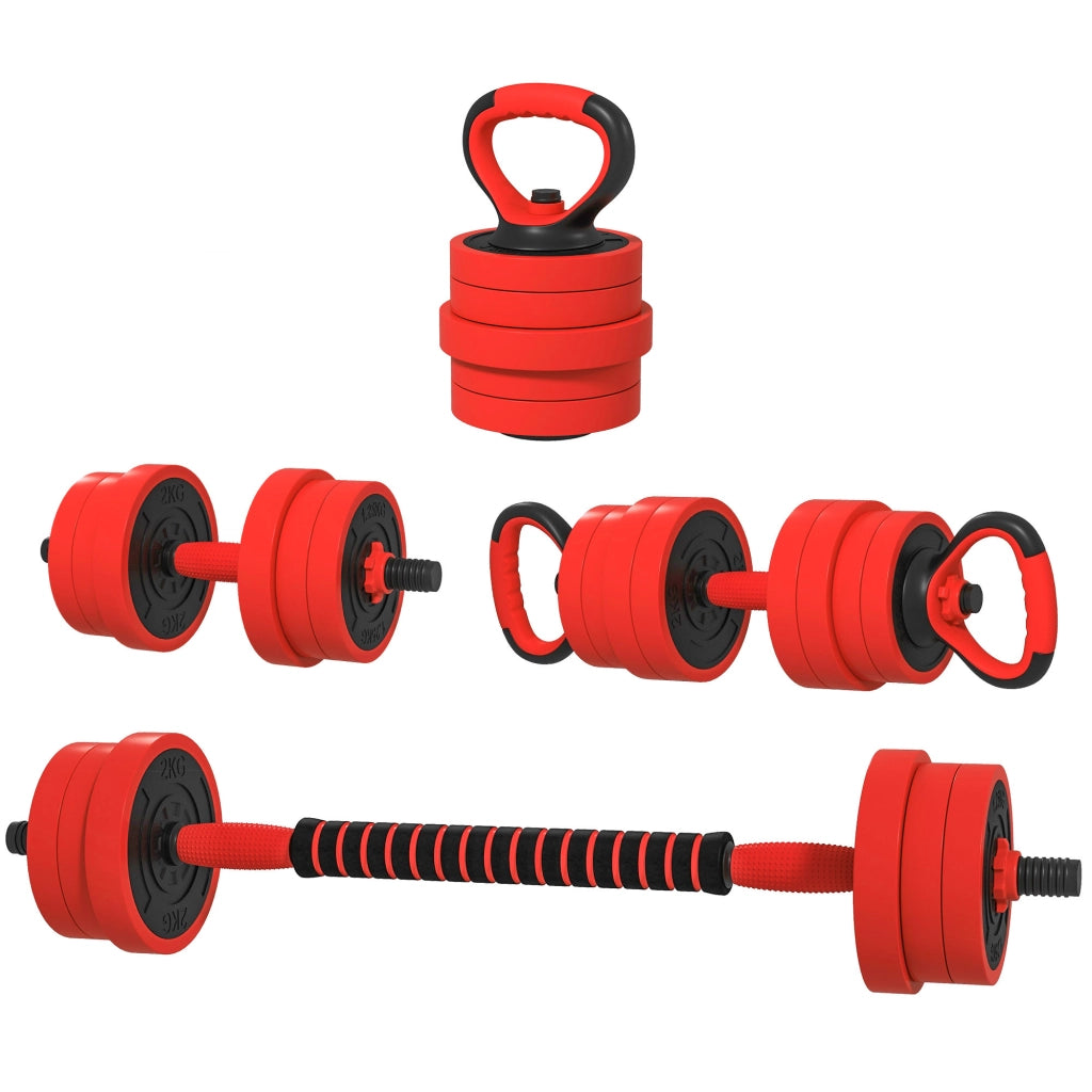 Set Pesi da Palestra 4 in 1 da 30kg, Convertibile in Kettlebell, 2 Manubri, Bilanciere e Supporto Flessioni, Rosso