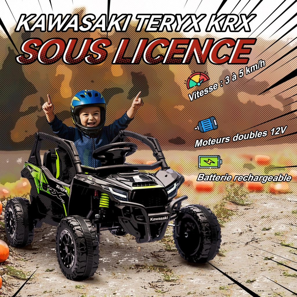 KAWASAKI TERYX KRX 1000 UTV Macchina Elettrica Bambini 12V con Telecomando 2,4 GHz e 2 Motori 25W Fuoristrada Robusto 100 x 64 x 56 cm Nero