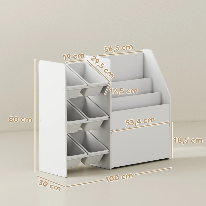 SCAFFALE Cameretta con 6 Contenitori e Box con Ruote 92,5x37,5x27 cm Bianco