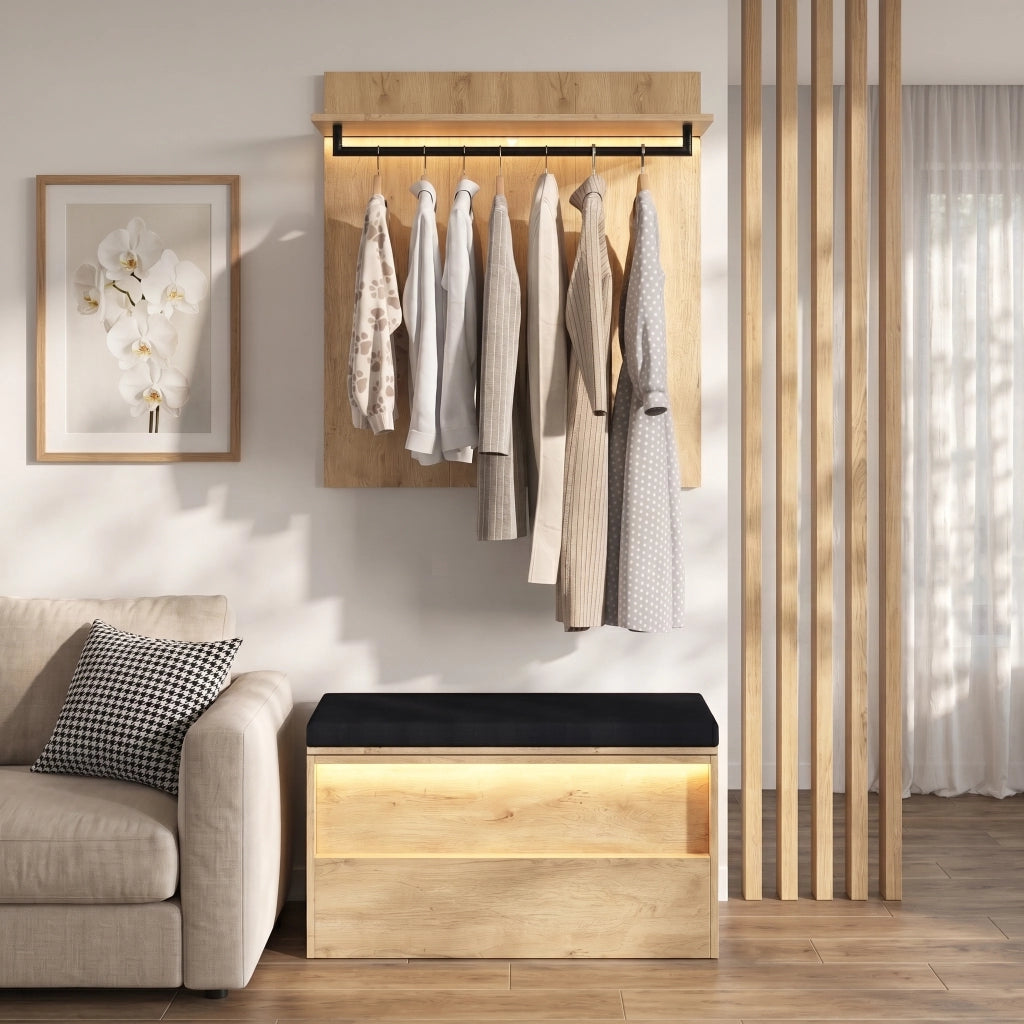 Set di mobili da ingresso con appendiabiti a parete; panca per scarpe con cuscino e LED; effetto rovere